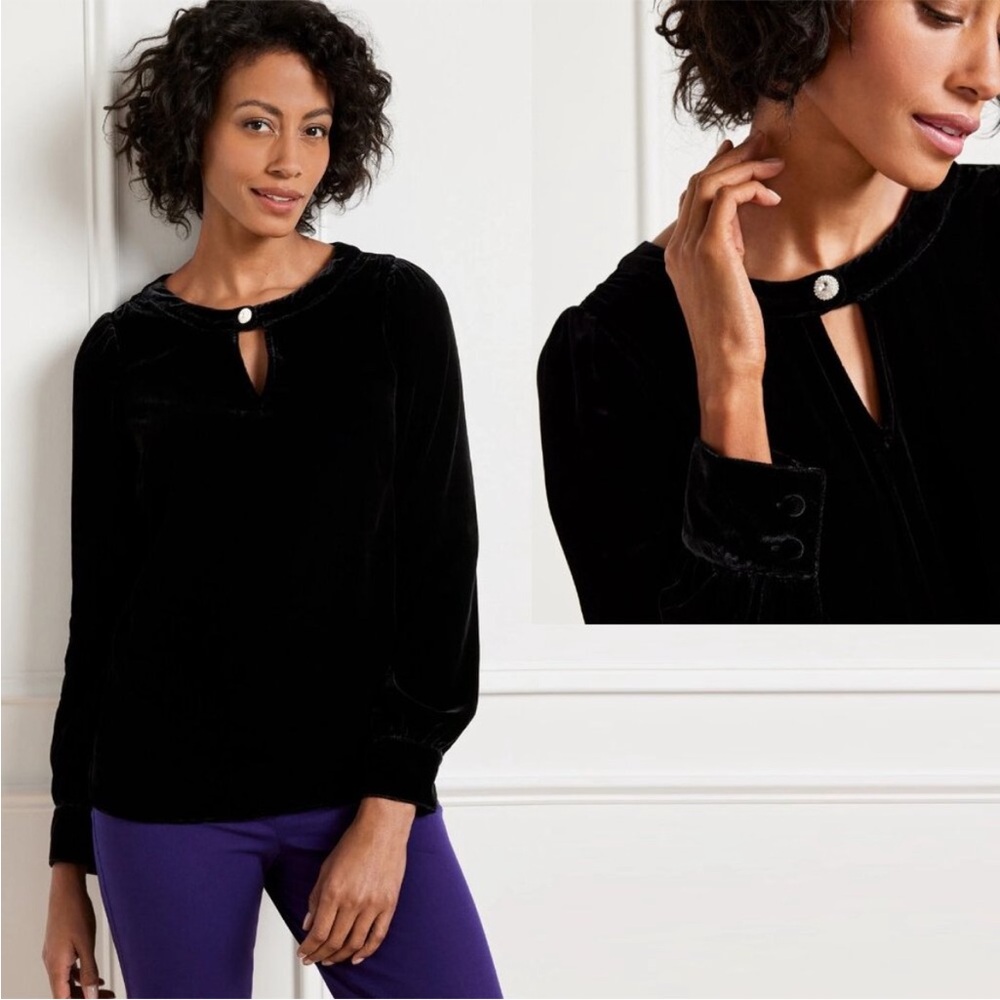 Elegant Talbots Black Velvet Long Sleeve Top Rhinestone Button Size Large NWT